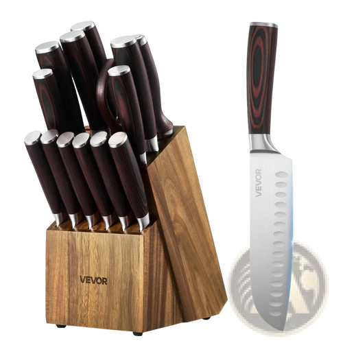 Vevor 15 piece high carbon stainless steel knife set with dark wood patterned handles and matching wooden block