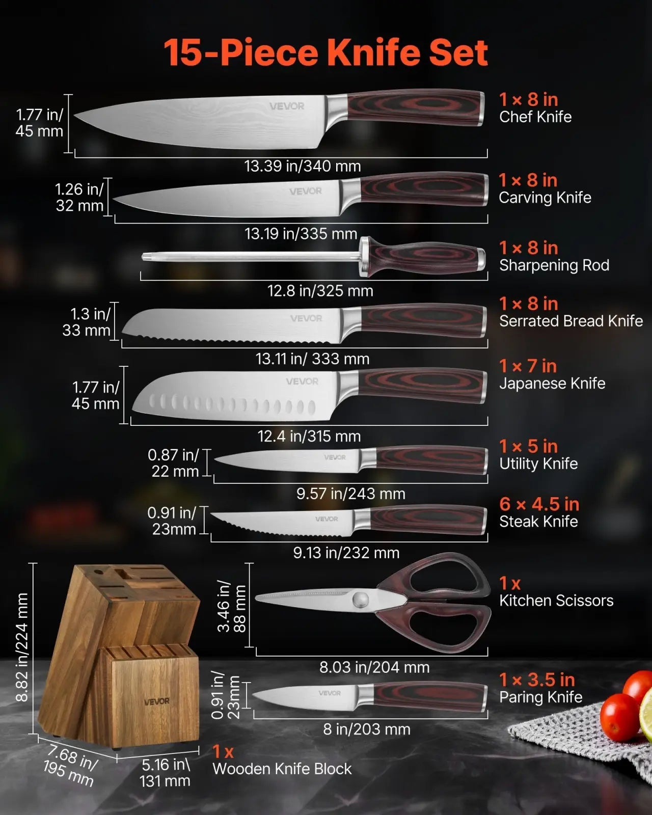 15 piece high carbon stainless steel knife set with dark wood handles includes chef carving serrated japanese blades and block