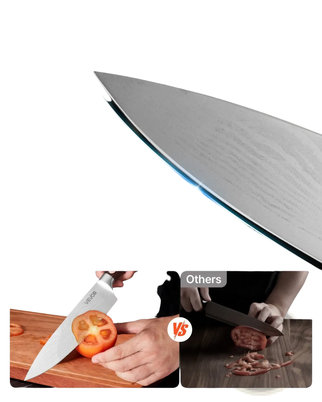 A sleek stainless steel chef’s knife with double-beveled edge and sharp non-stick surface from a 15 piece high carbon knife set