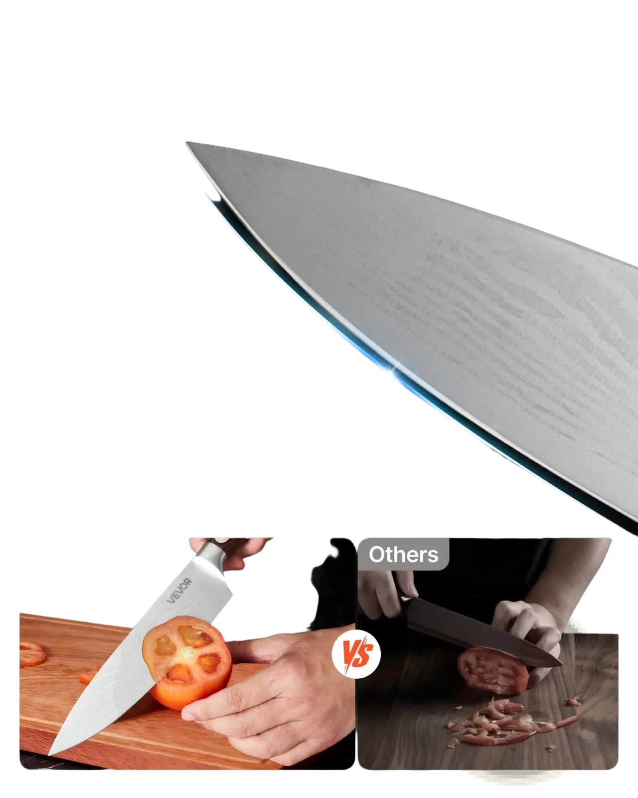 A sleek stainless steel chef’s knife with double-beveled edge and sharp non-stick surface from a 15 piece high carbon knife set