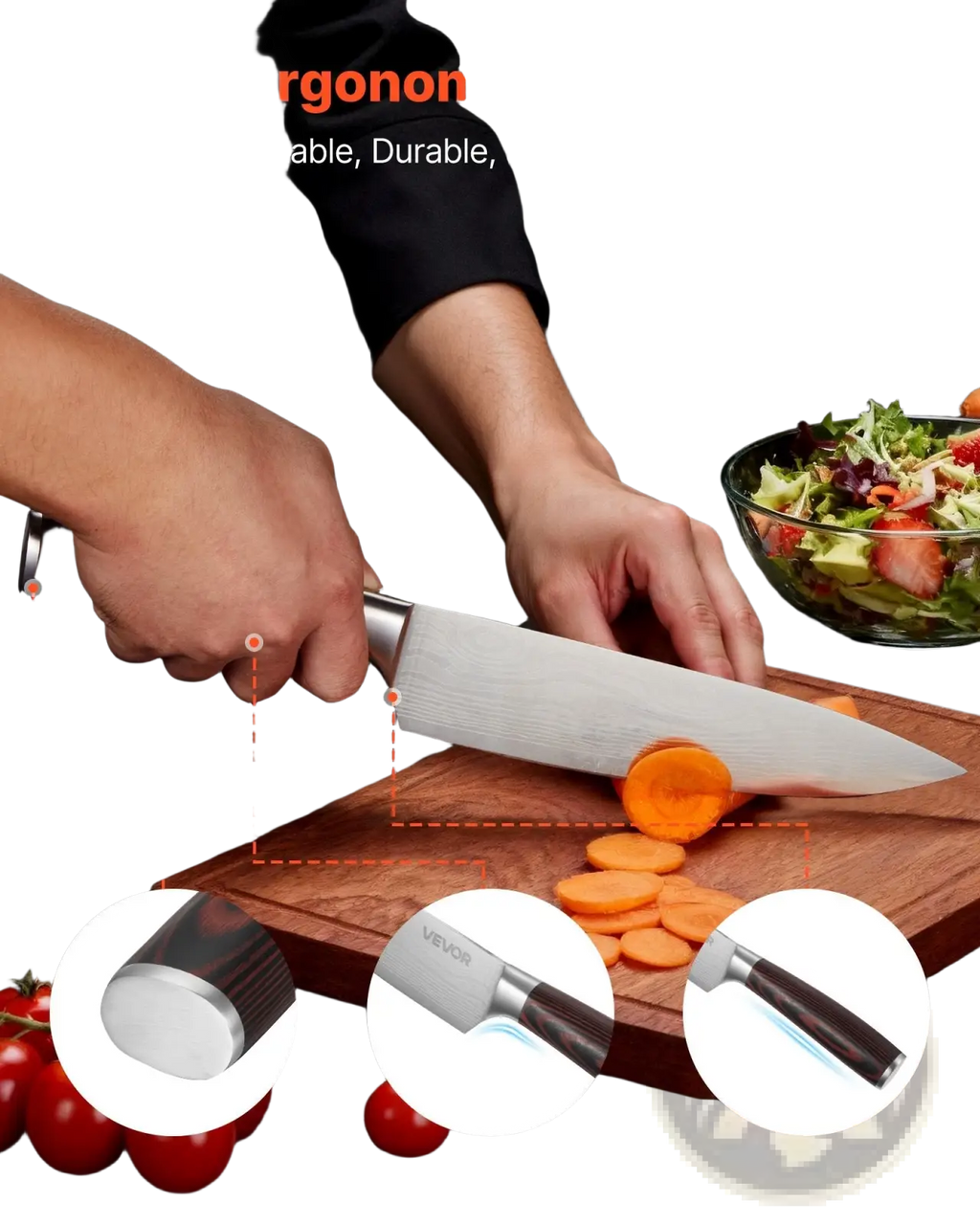 A sleek stainless steel chef knife with black ergonomic handle from a 15 piece high carbon stainless steel knife set with block