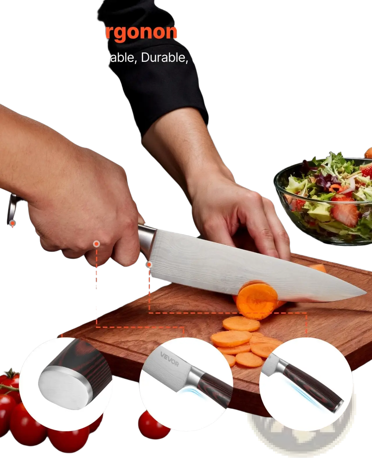 A sleek stainless steel chef knife with black ergonomic handle from a 15 piece high carbon stainless steel knife set with block