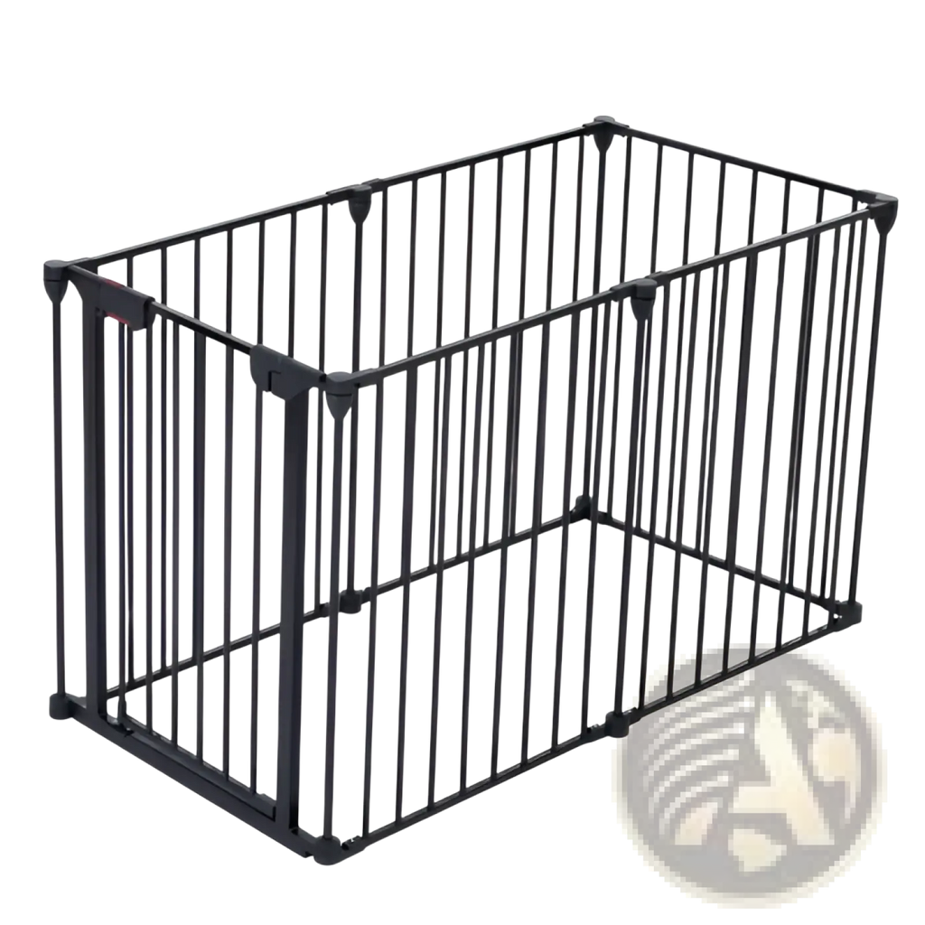 Black metal baby safety gate with vertical bars and corner connectors for play yard and room separation
