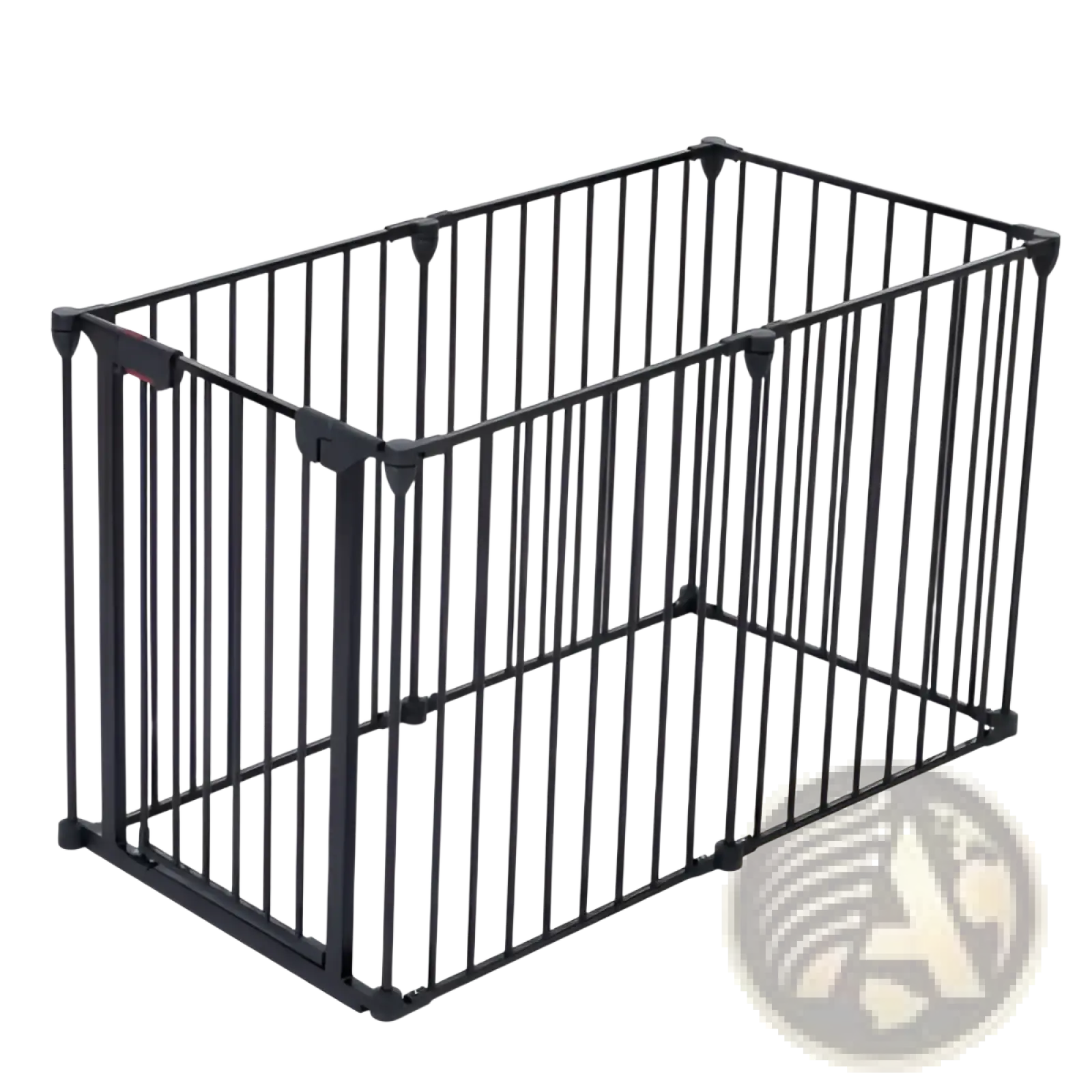 Black metal baby safety gate with vertical bars and corner connectors for play yard and room separation