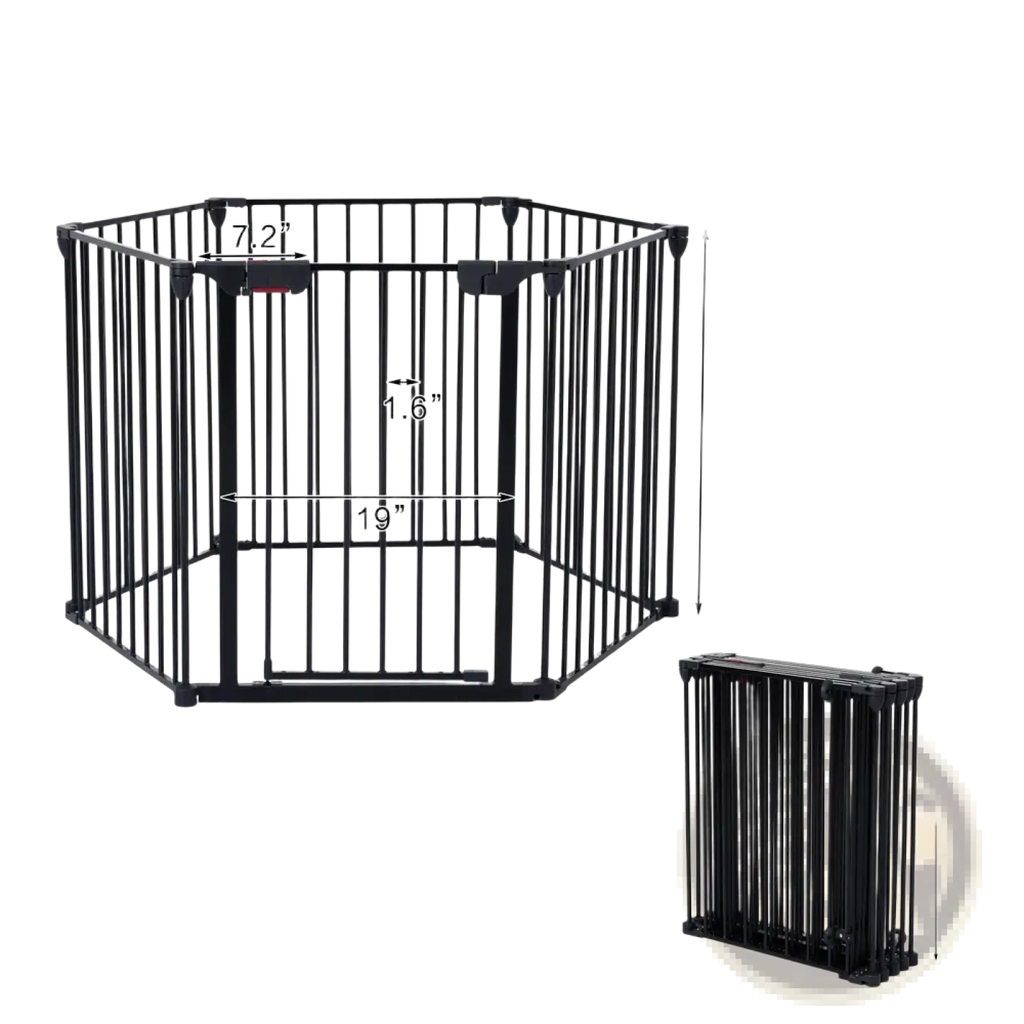 Black metal hexagonal baby safety gate with foldable design and measurement markings for play yard use