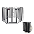 Black metal hexagonal baby safety gate with foldable design and measurement markings for play yard use