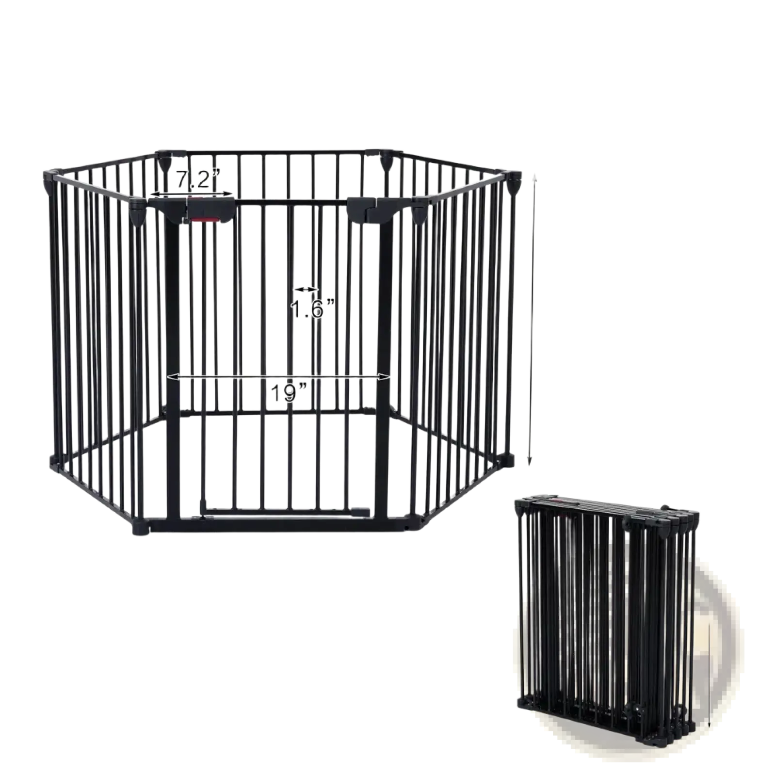 Black metal hexagonal baby safety gate with foldable design and measurement markings for play yard use