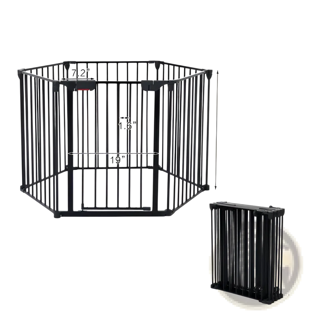 Black metal 150 inch baby safety gate with foldable design and adjustable height for versatile play yard use