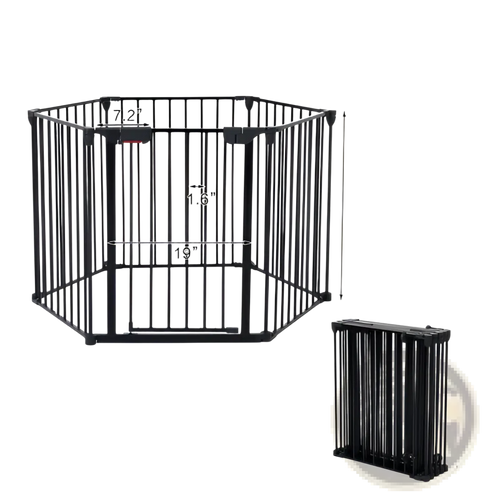 Black metal 150 inch baby safety gate with foldable design and adjustable height for versatile play yard use