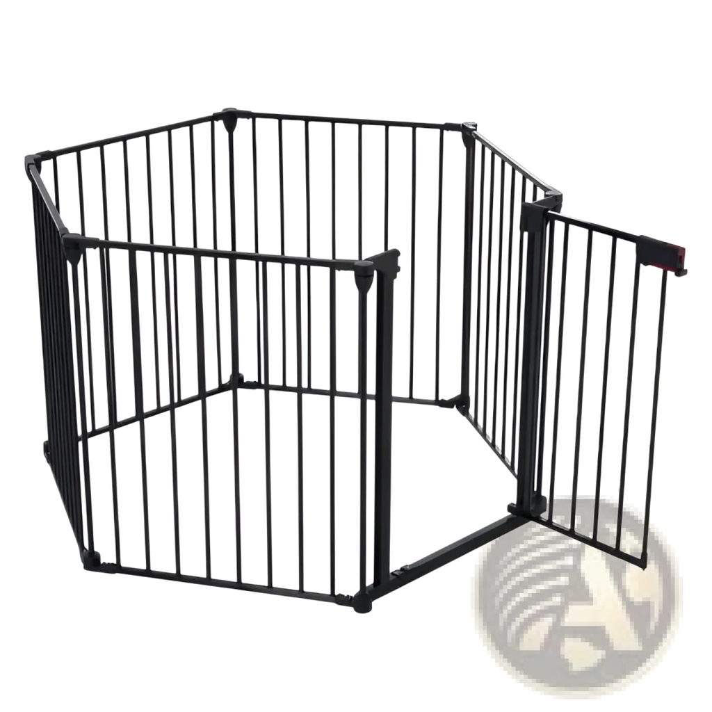 Black metal baby safety gate with hexagonal design and one side panel open in 150 inch metal baby safety gate play yard