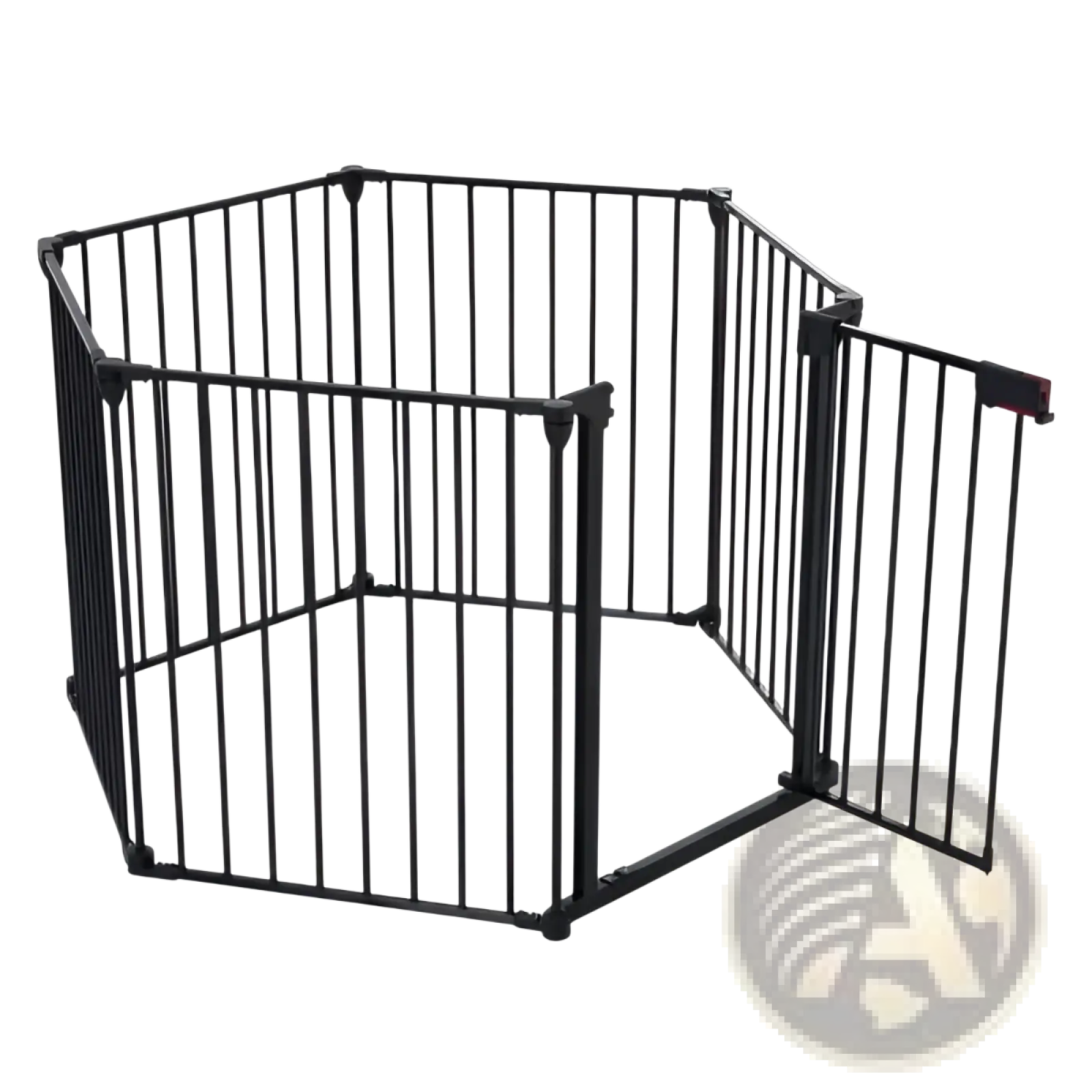 Black metal baby safety gate with hexagonal design and one side panel open in 150 inch metal baby safety gate play yard