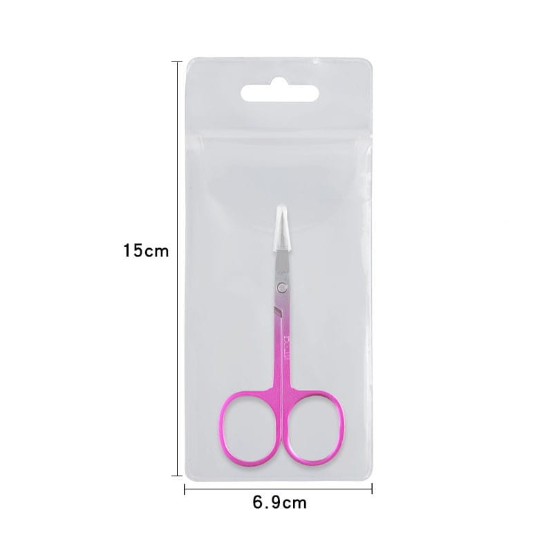 Ciseaux irisés pour taille-brow sourcils en forme de papillon en acier inoxydable, poignées roses, lame métallique, emballés dans un plastique transparent.