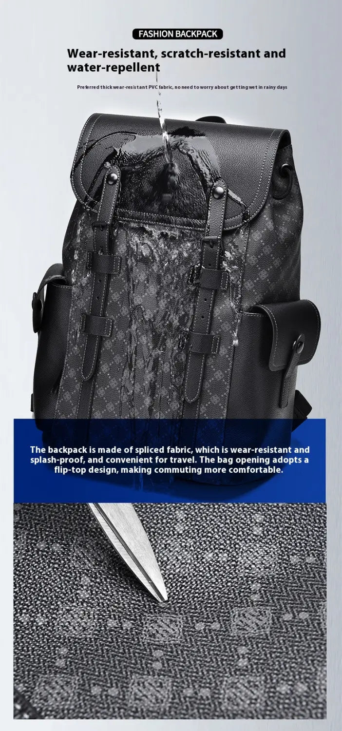 Men’s leather business travel backpack with black spliced fabric, classic monogram pattern, and laptop sleeve.