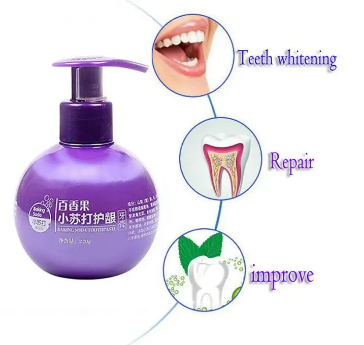 purple spherical bottle of baking soda whitening toothpaste with a matching purple pump dispenser for stain removal