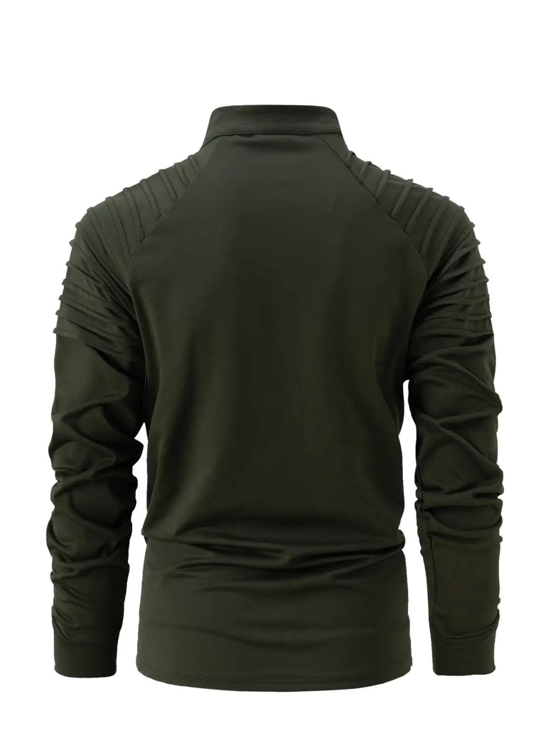 Herren-Quarter-Zip-Athletik-Poloshirt in dunklem Olivgrün mit langem Ärmel-Design zum Reißverschluss, mit strukturierten, gerippten Schulterbereichen.