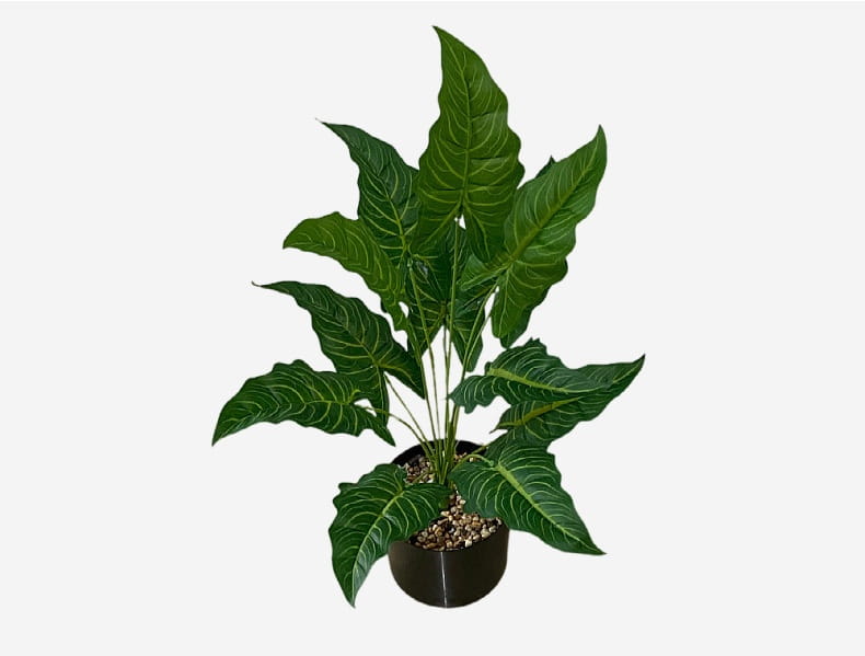 A lush dark green artificial monstera turtle leaf potted plant with broad leaves featuring lighter veining in a sleek black container for garden decor.