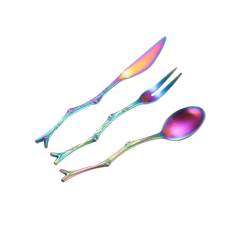 Ensemble d’ustensiles de dessert en acier inoxydable à branches, avec une finition irisée arc-en-ciel et un design en forme de branches