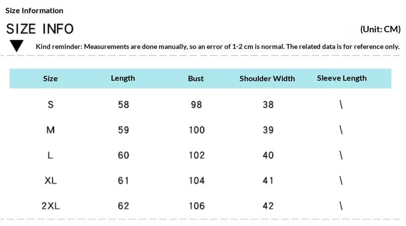 Size information table for the mint green quilted shearling vest for women showing garment measurements in centimeters from size s through 2xl.