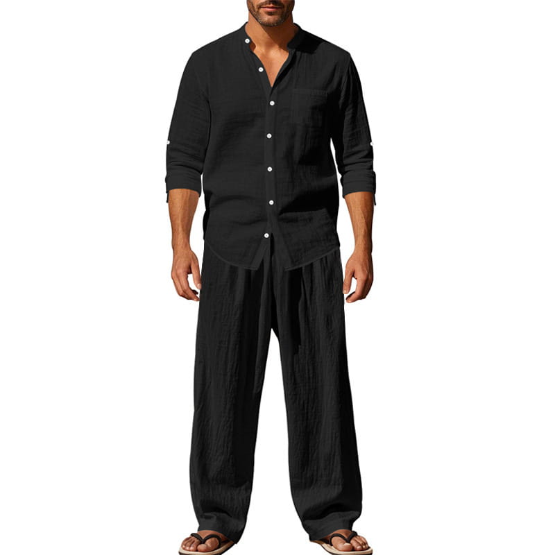 Schwarzes Leinenhemd mit Knopfverschluss, umgekrempelten Ärmeln und entspannter Passform aus dem Set mit Herren-Leinenhemd und -Hose