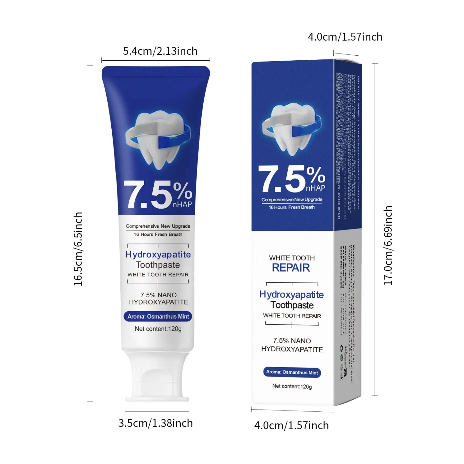 a blue and white tube of hydroxyapatite toothpaste 7.5% nhap with osmanthus mint flavor shown alongside its matching box for oral care use