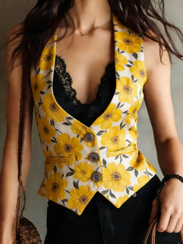 Gelbe Blumenprint-Halterneck-Weste mit schwarzer Spitzenverzierung und Metallknöpfen, gestaltet in einem Damen-Retro-V-Ausschnitt mit schlanker Polka-Dot-Optik.