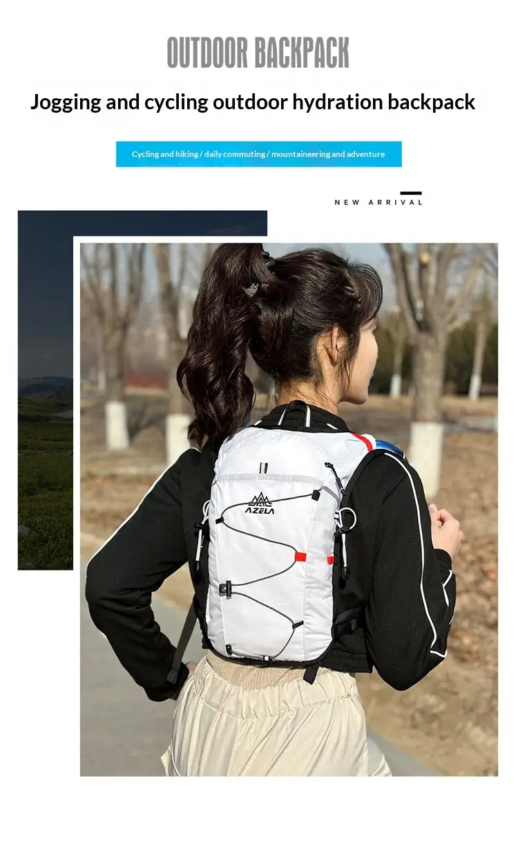 White Azza outdoor hydration backpack with red and blue accents shown from the back side, lightweight design with 20-liter capacity ideal for running and cycling.
