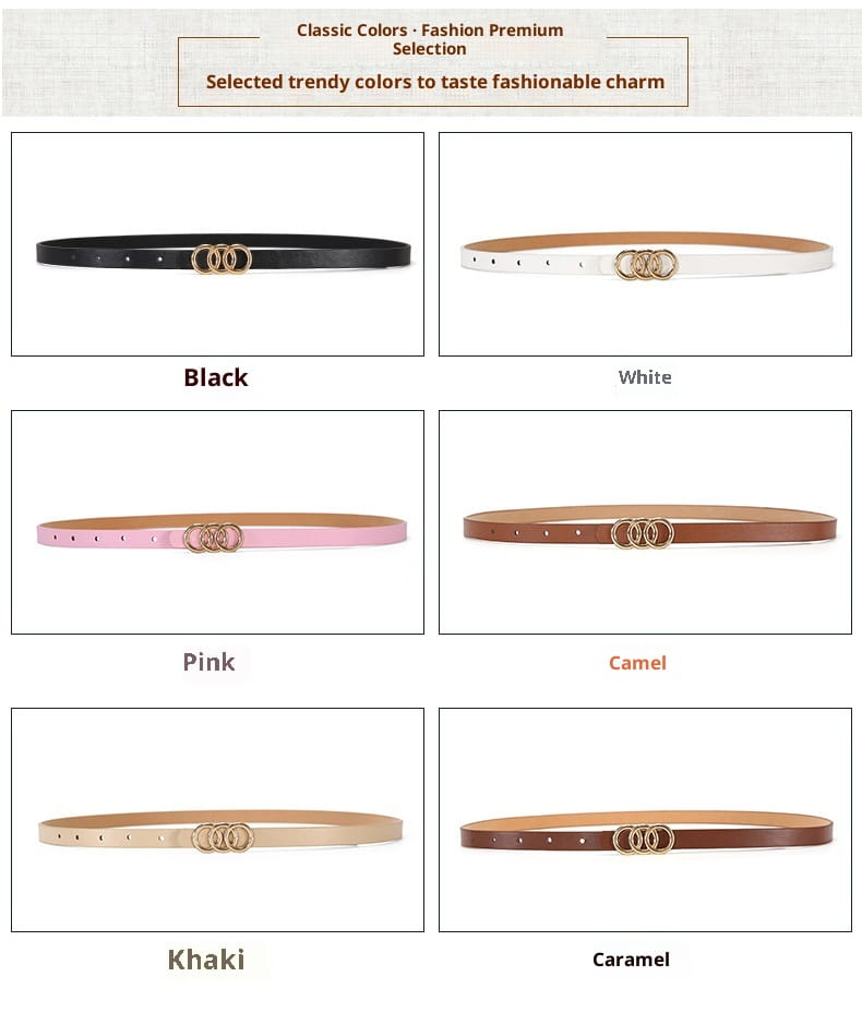Cinturón de cuero con triple anilla blanca para mujer con un diseño minimalista y elegante, que incluye hebilla triple anilla de tono dorado, disponible en colores clásicos, incluidos negro, blanco, rosa, camel, caqui y caramelo.