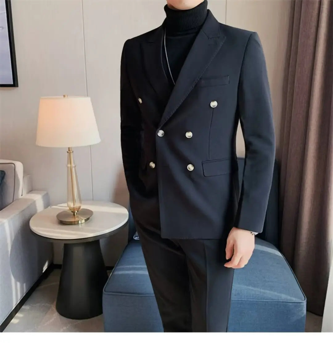 Black double-breasted suit jacket with silver buttons featuring a formal design, contrasted with the teal double-breasted corduroy jacket for men in the product title.
