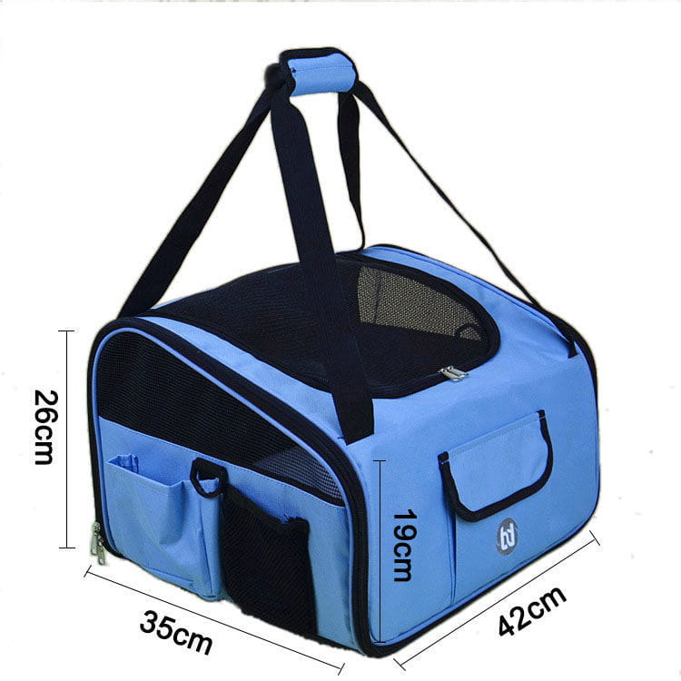 Pet carrier backpack for small dogs and cats in light blue and black with mesh sides, top handle, and multiple pockets.