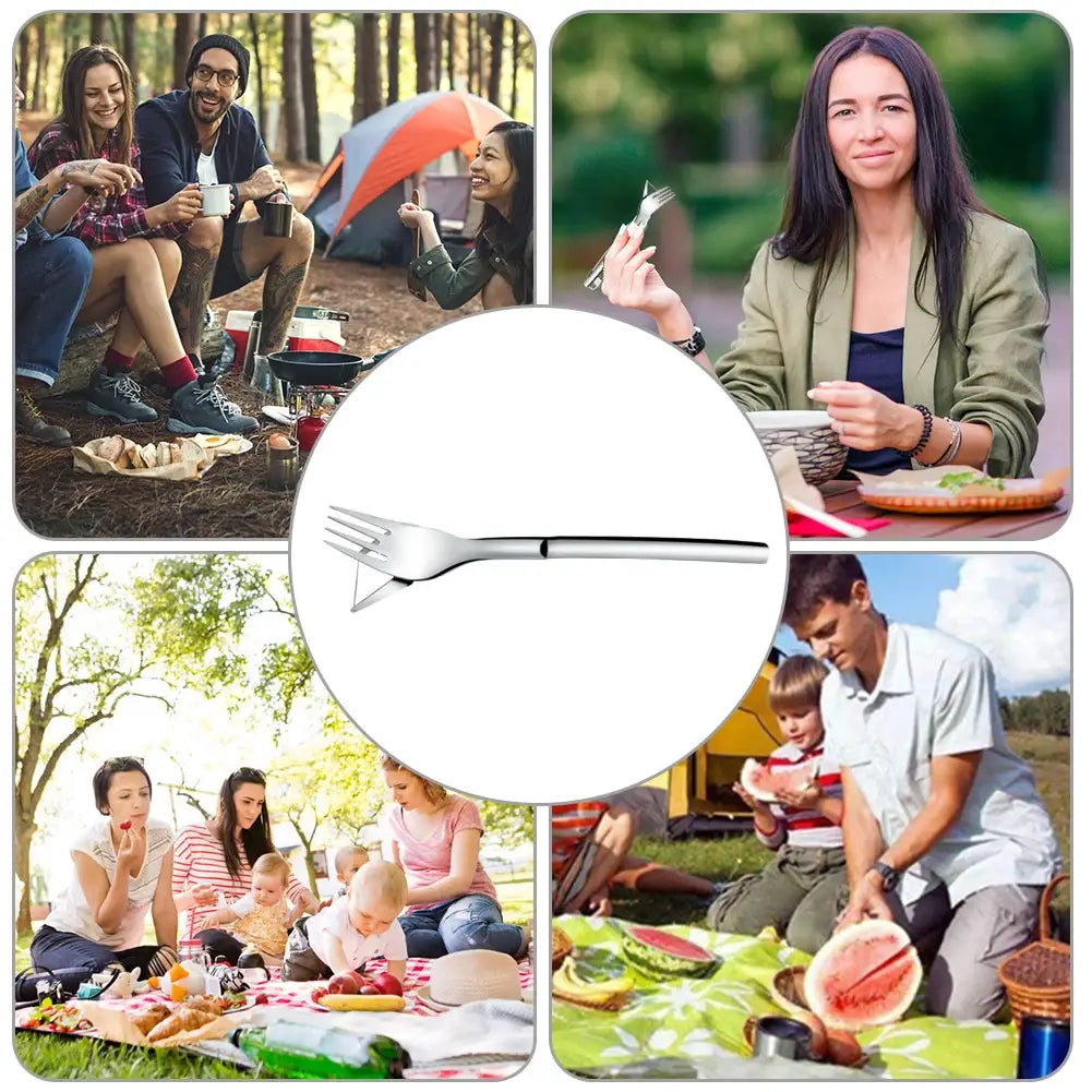 fourchette-slicer à pastèque en acier inoxydable au design moderne et épuré, avec quatre dents régulièrement espacées pour une découpe efficace.