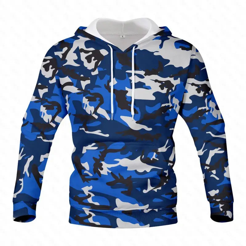 Men’s digital camouflage contrast lining pullover hoodie featuring blue white and black camouflage pattern with a contrasting white inner lining.
