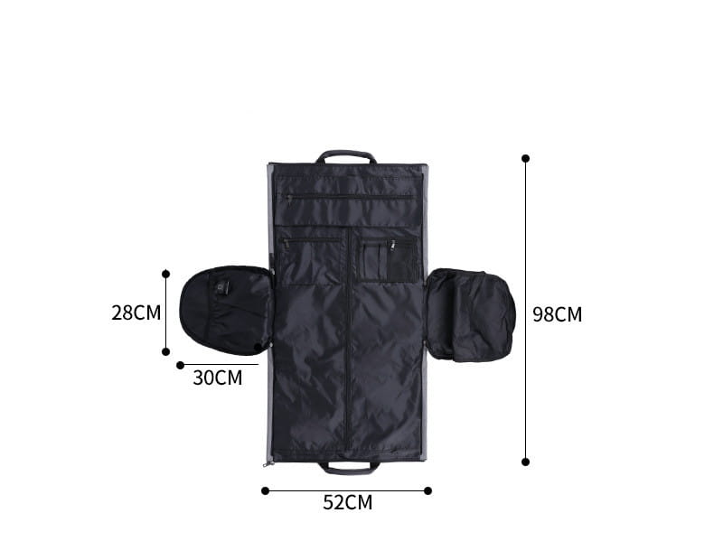 Black fabric convertible garment travel bag featuring two side pockets and a central zippered compartment designed with a shoe pocket for organized travel.