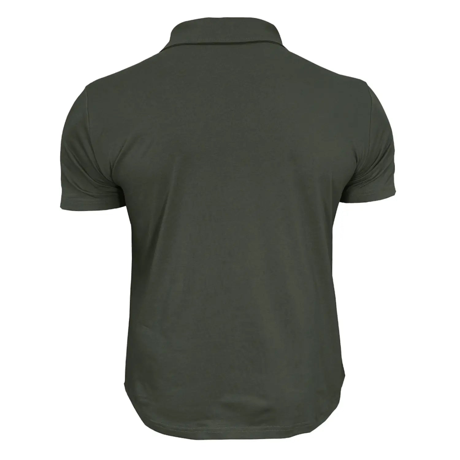 Dark olive green men’s short sleeve polo shirt with dual pockets made from a smooth cotton blend fabric and featuring a classic collar.