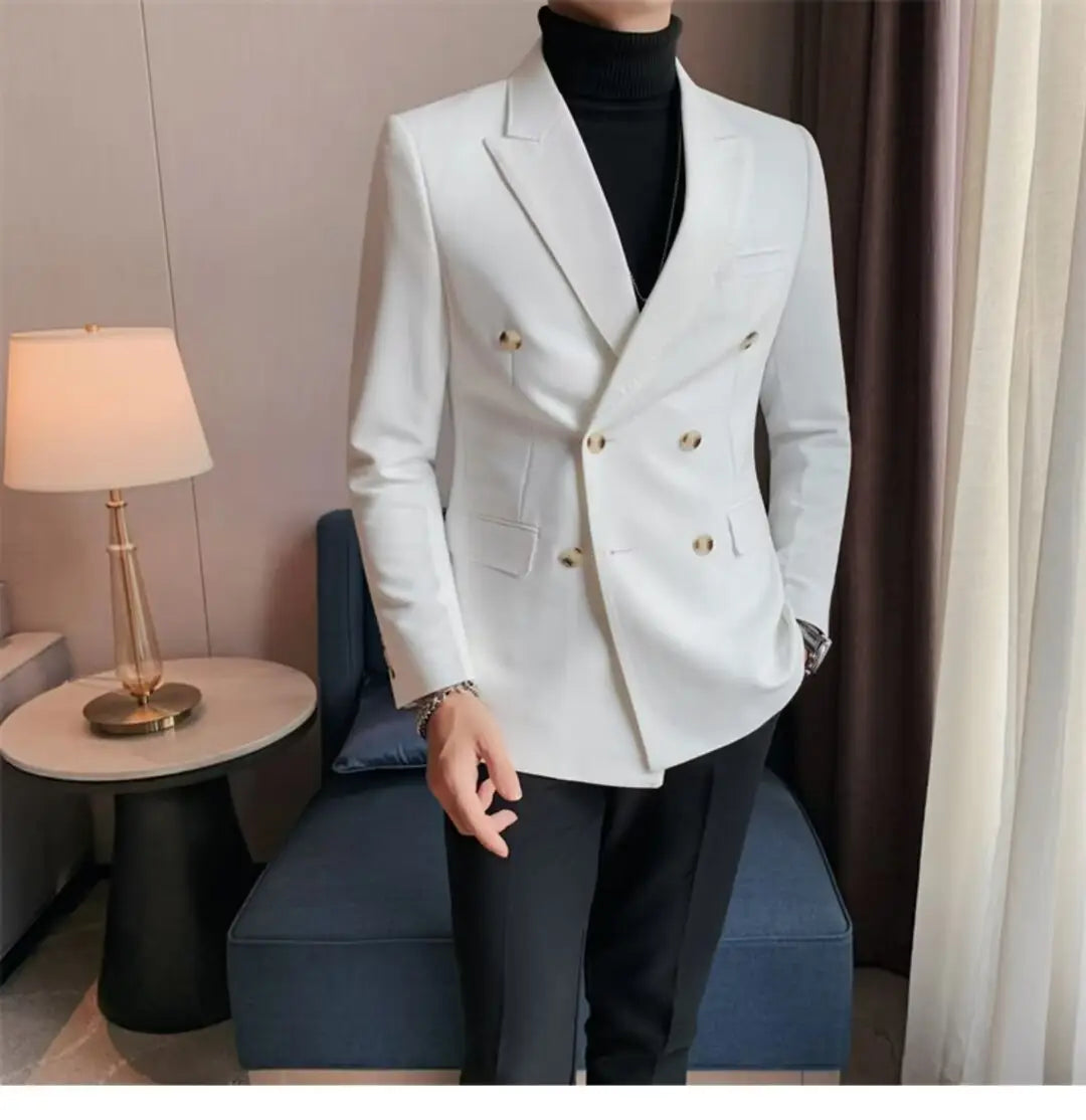 White double-breasted blazer with gold-toned buttons and tailored fit featured alongside teal double-breasted corduroy jacket for men.