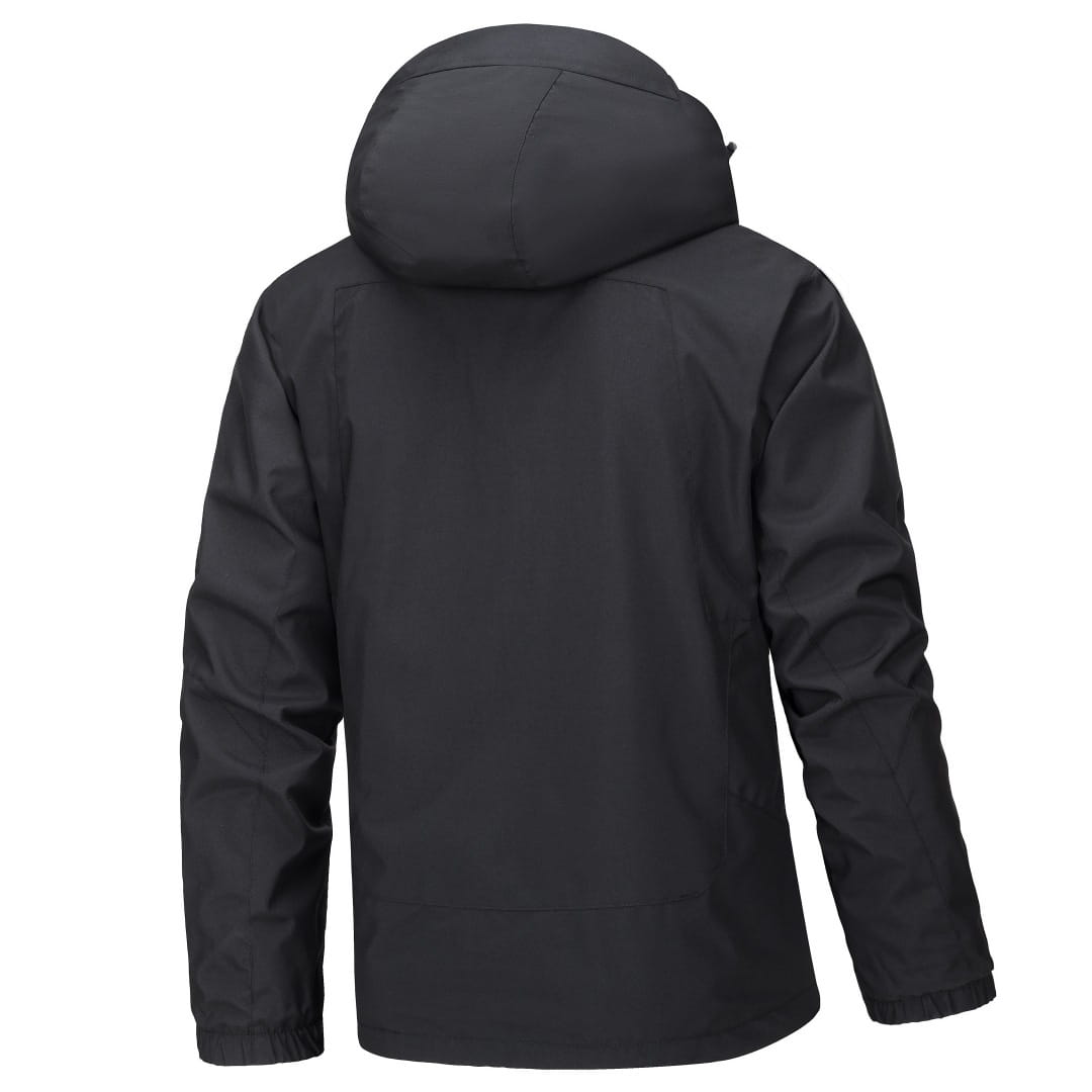 Veste de plein air imperméable à capuche noire pour hommes et femmes, avec des finitions par coutures.