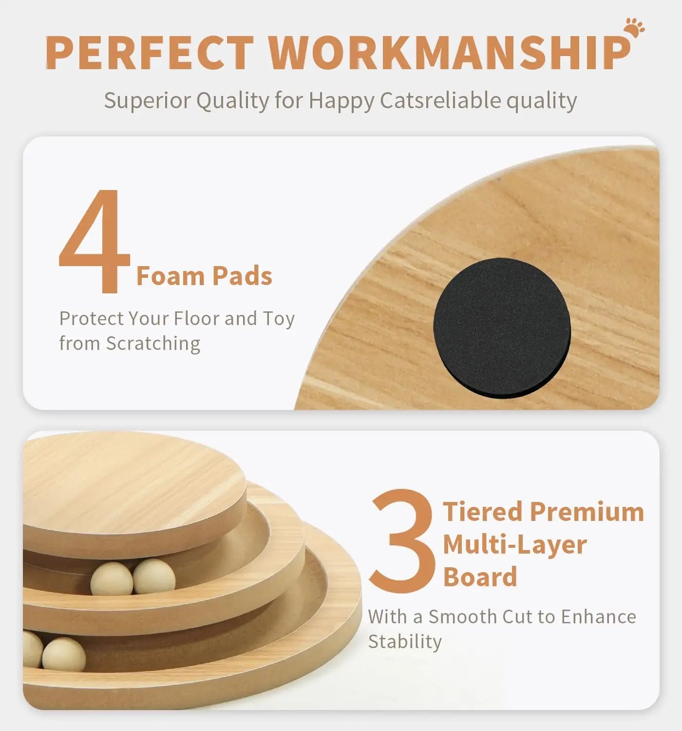Cute modern wooden cat scratching post with beige sisal rope wrapping and a dangling white ball toy.