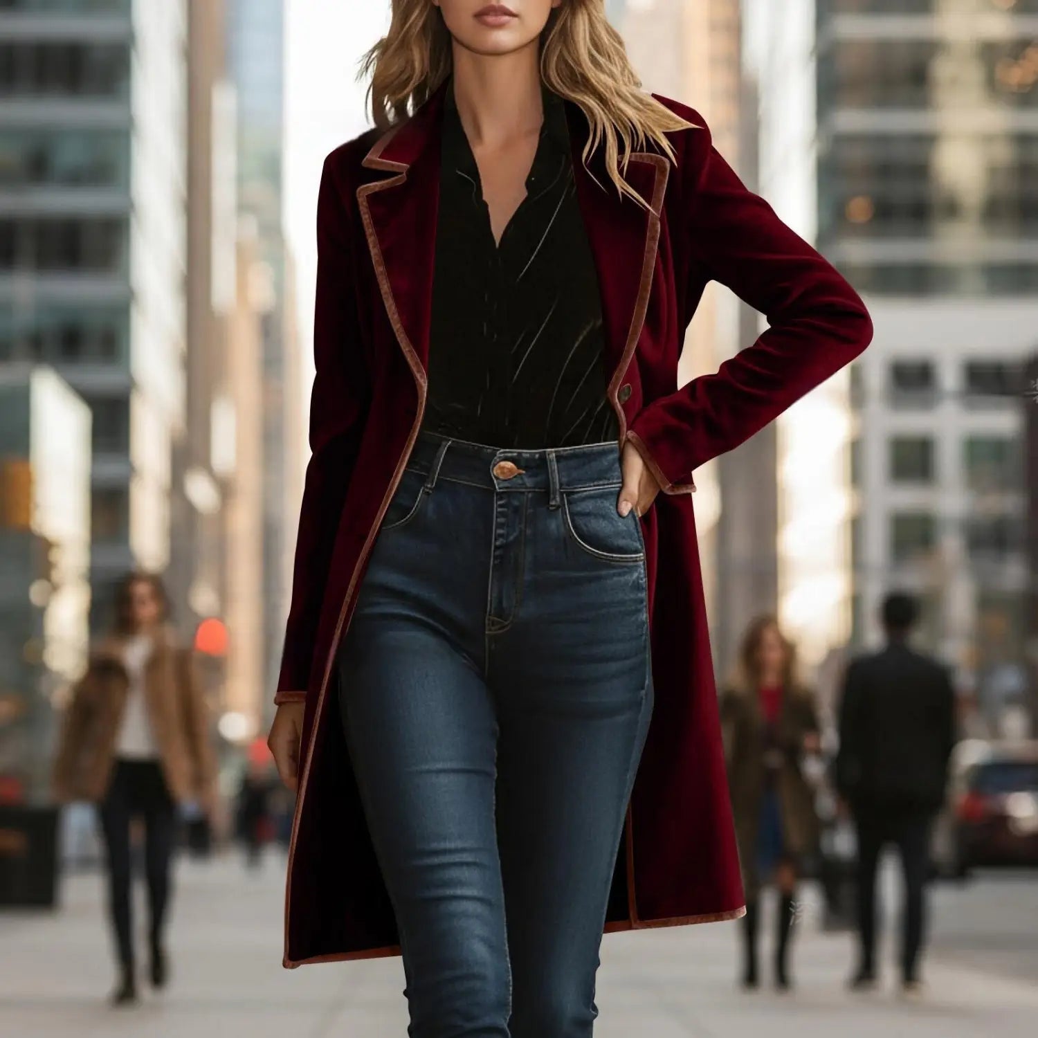 Manteau en velours bordeaux riche pour femmes, avec une bordure en cuir beige contrastante le long du col et des poignets.