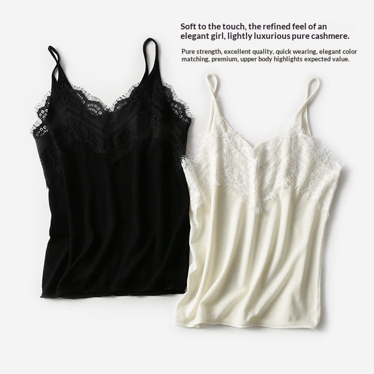 Black and off-white lace trim camisole tops made of soft pure cashmere for elegant layering and comfort.
