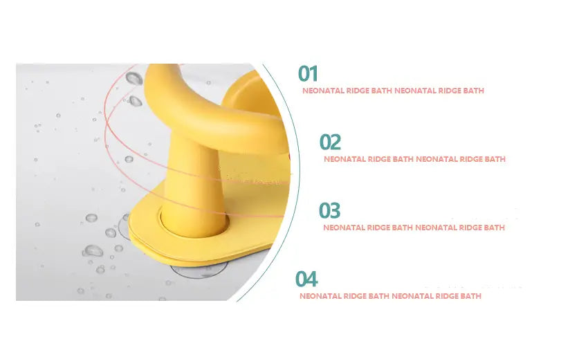 Siège de bain pour nouveau-né en plastique jaune à rebord, au design incurvé, avec des ventouses antidérapantes, présentant des gouttelettes d’eau autour.