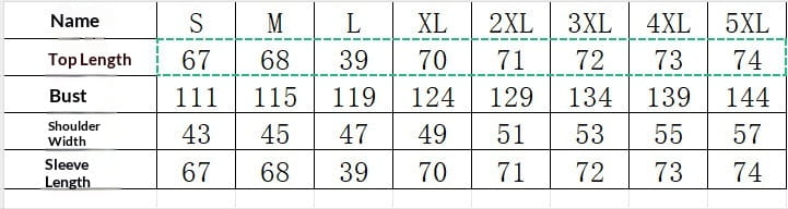 Size chart for women’s rainbow geometric henley sweatshirt displaying measurements in centimeters for sizes S to 5XL.