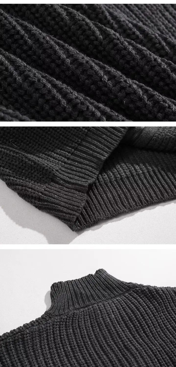 Men’s ribbed knit zip up sweater cardigan in black with textured waffle-like pattern and high collar.