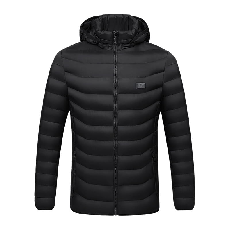 Black quilted electric heated jacket with detachable hood featuring a sleek modern design and subtle brand patch on the chest.