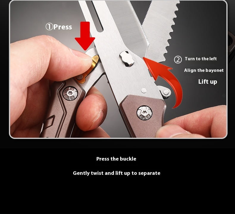 Silver and bronze stainless steel chicken bone scissors with serrated blades and a compact multi-tool design for easy portability.