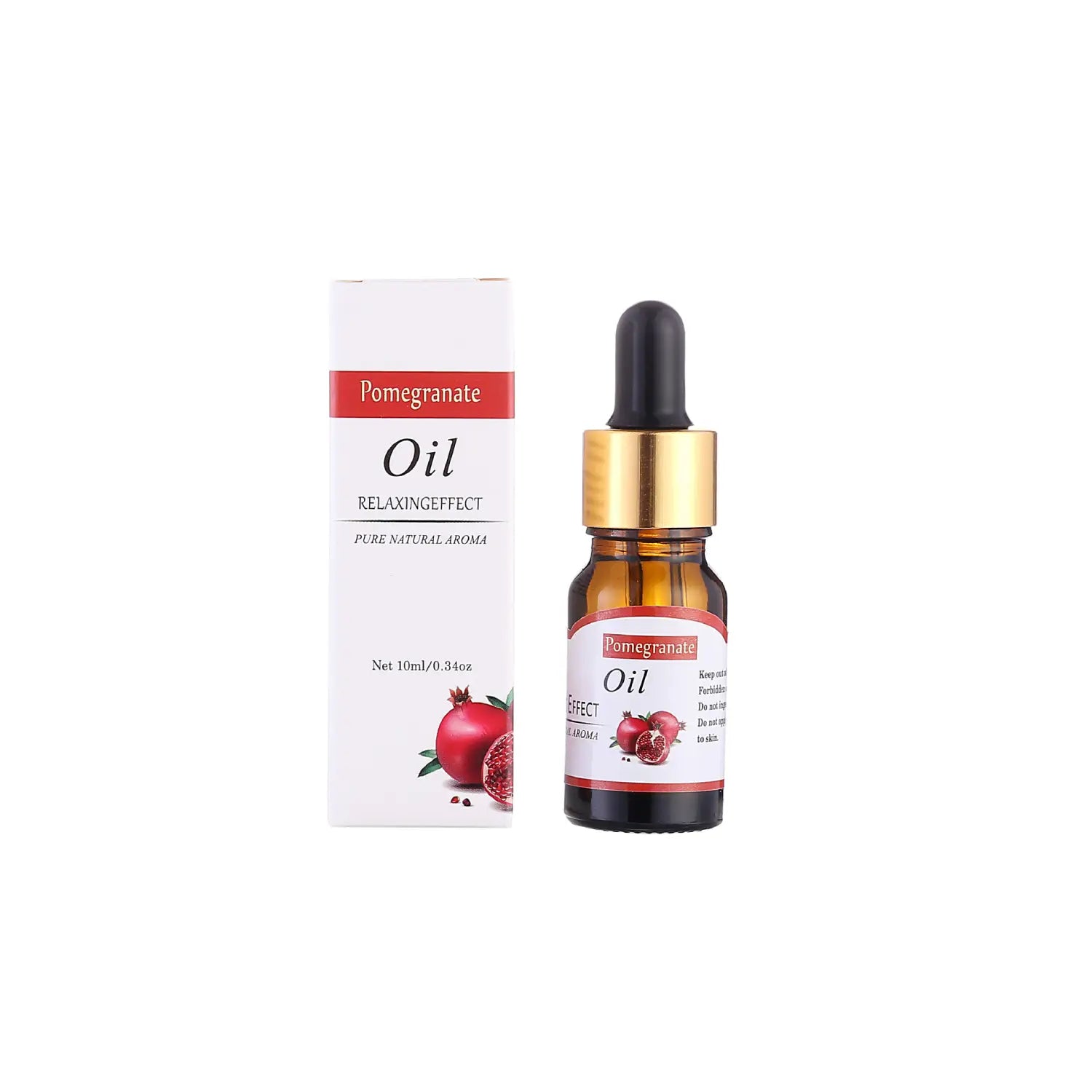 eine elegante bernsteinfarbene Glasflasche mit goldtöniger Pipettenkappe und schwarzem Gummibalg, beschriftet mit Granatapfelessenzöl, als Teil des frischen ätherischen Öls 10 ml Aromatherapie-Pipetten-Sets.
