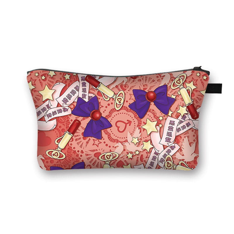 A pink cosmetic bag featuring a vibrant anime-themed pattern with purple bows red lipstick tubes and gold stars from the whimsical bow and lace travel clutch collection.