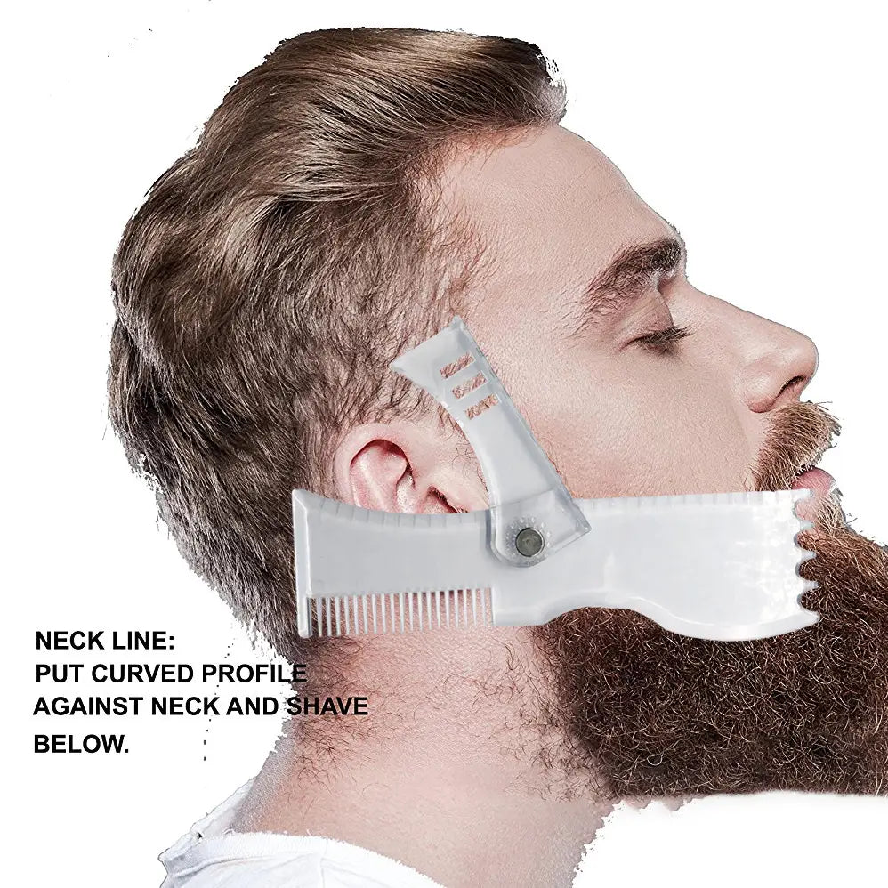 White plastic beard shaping template comb with curved profile, comb teeth for precise neck line shaving, and 360 degree rotation feature.