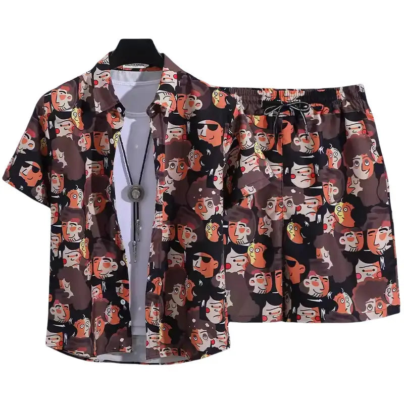 A dark brown floral shirt and shorts set with short sleeves and buttons featuring a playful repeating cartoon face pattern in shades of orange white and black.