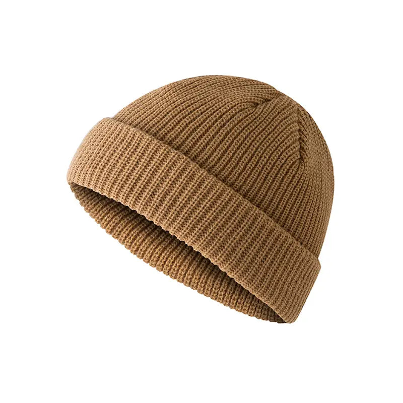 tan ribbed knit beanie with folded cuff made of wool featured in a product titled dark gray ribbed wool beanie hat