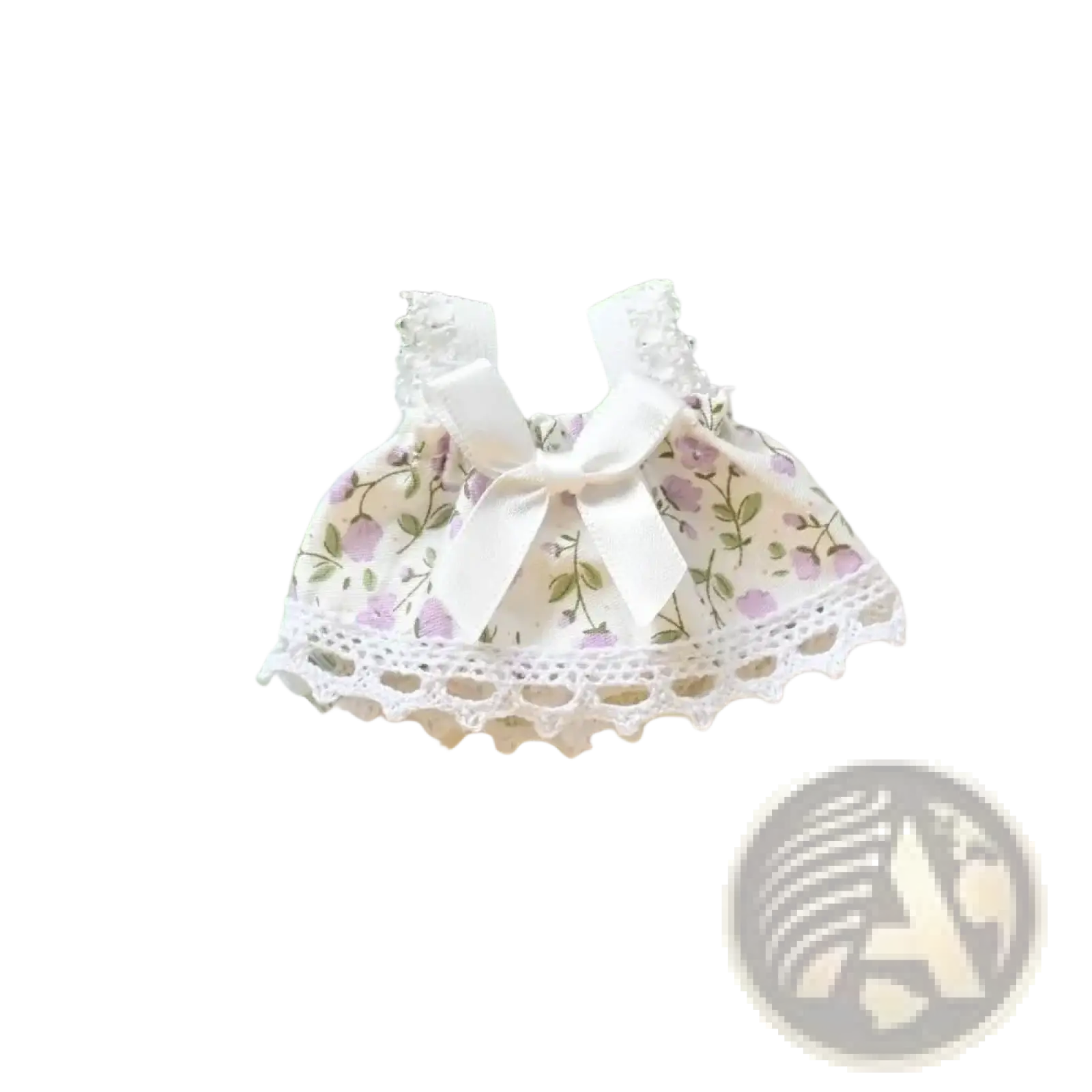 A 15cm doll gingham dress featuring a delicate white lace trim floral pattern with a satin bow neckline