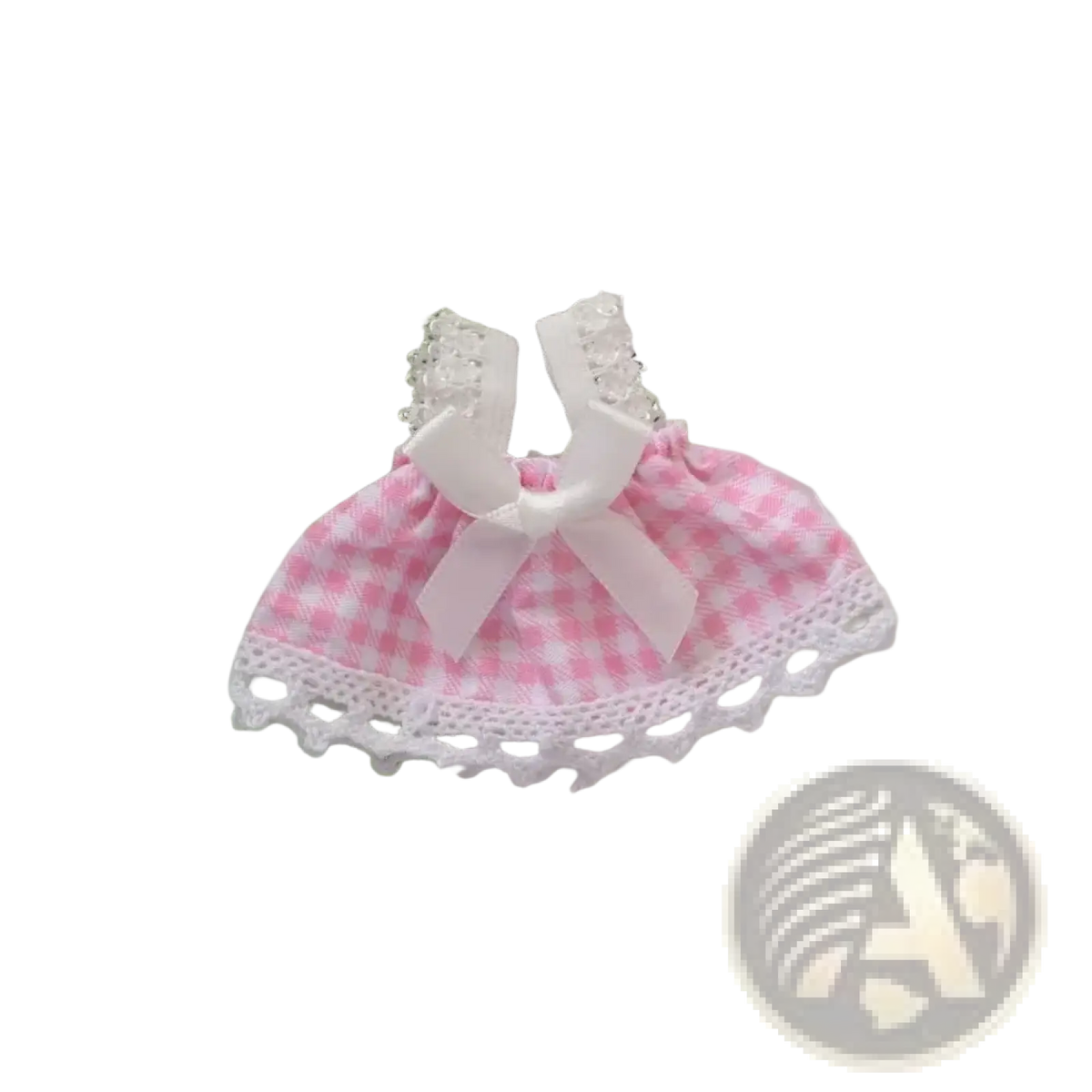 A delicate pink and white gingham 15cm doll dress with lace trim bow and beaded shoulder details for plush dolls